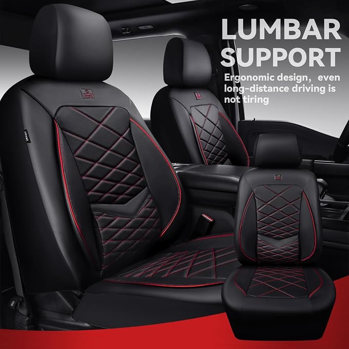CAR PASS Luxury Nappa Leather Front Seat Covers, Water Resistant 3D Foam Seat Covers with Lumbar Support, Breathable Auto Seat Cover Airbag Compatible Universal Fit for Sedan SUV Van Truck, Black Red