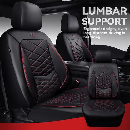 CAR PASS Luxury Nappa Leather Front Seat Covers, Water Resistant 3D Foam Seat Covers with Lumbar Support, Breathable Auto Seat Cover Airbag Compatible Universal Fit for Sedan SUV Van Truck, Black Red