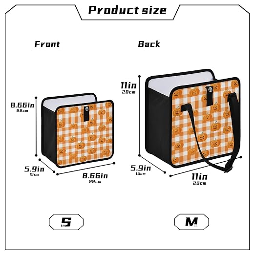 Car Trash Can Organizer Bin with Adjustable Strap for Back Front Seat Console Waterproof Leakproof Collapsible Portable 8.66 Inch Halloween Orange Plaid Pumpkin Heads