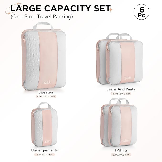 OlarHike 6 Set Compression Packing Cubes for Travel Essentials,Compressible Expandable Space Saver Bags for Organizing Clothes,Luggage Suitcase Garment Bags with Over 1000 pcs Mesh Holes(Beige)