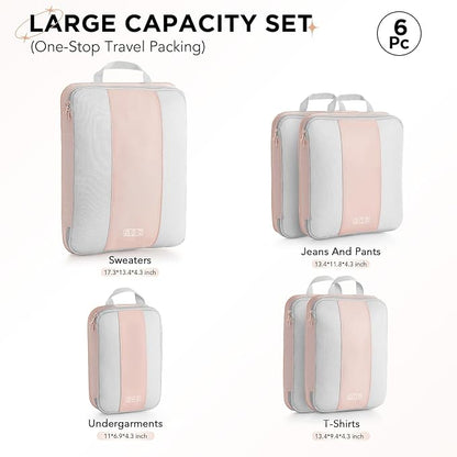 OlarHike 6 Set Compression Packing Cubes for Travel Essentials,Compressible Expandable Space Saver Bags for Organizing Clothes,Luggage Suitcase Garment Bags with Over 1000 pcs Mesh Holes(Beige)