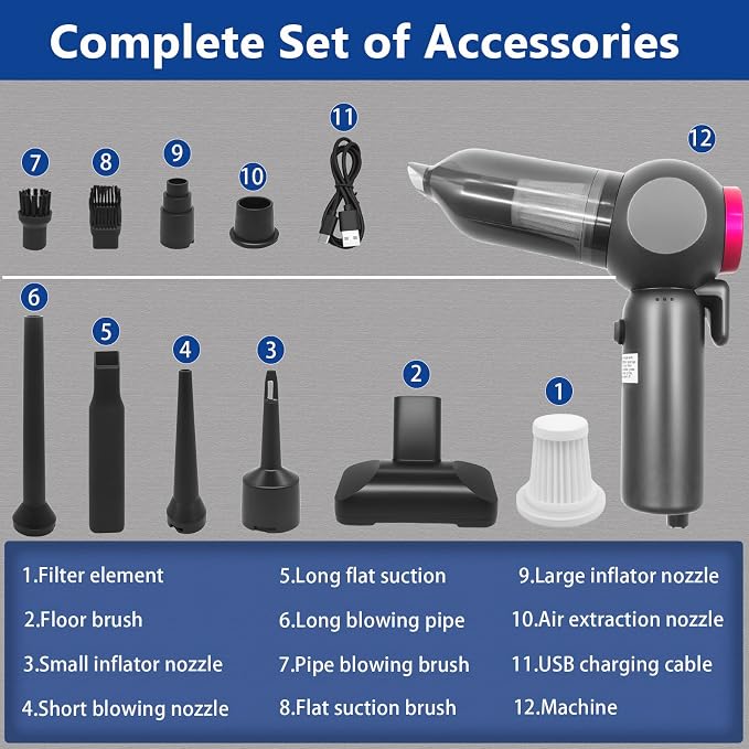 Car Vacuum，Handheld Car Vacuum Cleaner Cordless，20000Pa Vacuum Portable Cordless Powerful 120W Brushless Motor & 60 Min Runtime, 6-in-1 Portable (6000mAh Battery)