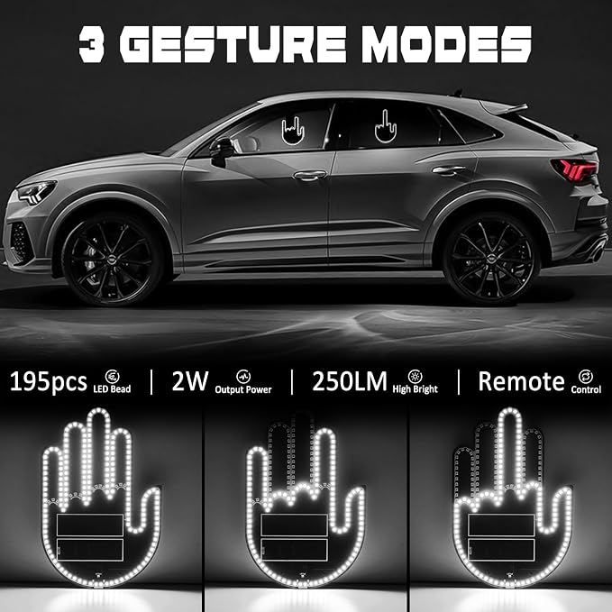 DIBMS Car Gesture Decorative Lights, Ambient Lighting, Rechargeable LED Gesture Lights for Car Road Rage LED Signs Calm Road Rage, Remote Control Triple Mode Fun Finger Lights (White)
