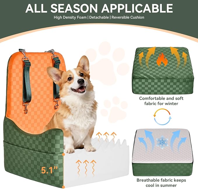 PETSFIT Dog Car Seat for Small/Medium Dogs Up to 35 lbs – Patented Safety System, 5" Memory Foam Pet Car Seat, Fully Detachable and Washable Cover, Front/Back Seat Travel Booster (Green & Orange)