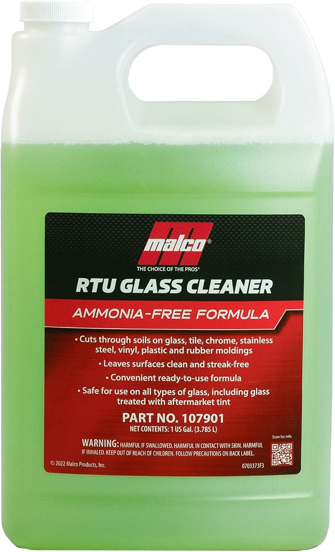 Malco Ready-To-Use Glass Cleaner - Streak-Free Removal of Dirt, Grease, Oils, & Bug Debris from Glass, Chrome, Tile, Stainless Steel, Vinyl, Rubber/Ammonia-Free & Tint Safe / 1 Gallon (107901)