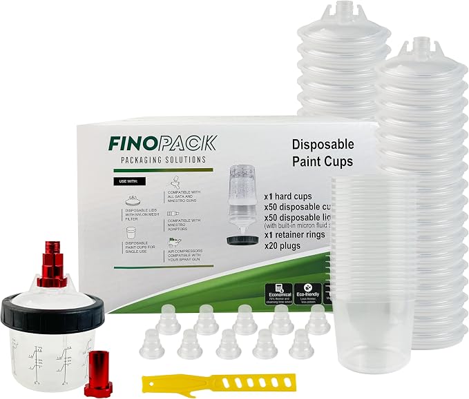 ENDOZER Disposable Paint Cup 50 Pack 6 Ounce(180ML) Mixing Cups for Automotive Spray Gun with 50 Liners and Lids System, 1 Hard Cup with Retainer Ring, 20 Plugs, 2 Adapters for Paint Gun
