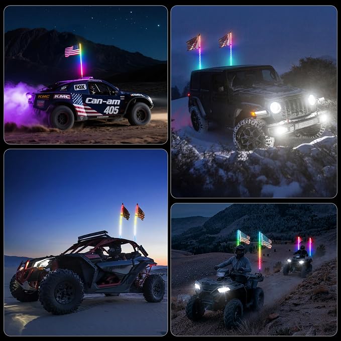Ehaho 2 PCS 2FT Whip Lights with Spring Base, APP & Remote Control Led Whip Lights for Side by Side, Spiral RGB Chasing Lighted Whips with Rocker Switch, Music Led Whips for UTV ATV RZR SXS Can-Am