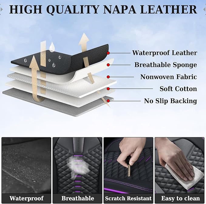 Coverado Car Seat Covers Front Seats, Nappa Leather Black&Purple Car Seat Cover, Automotive Seat Covers, Waterproof Driver Seat Protector, 2 Pack Front Seat Cover Car Seat Cushion Fit for Most Cars