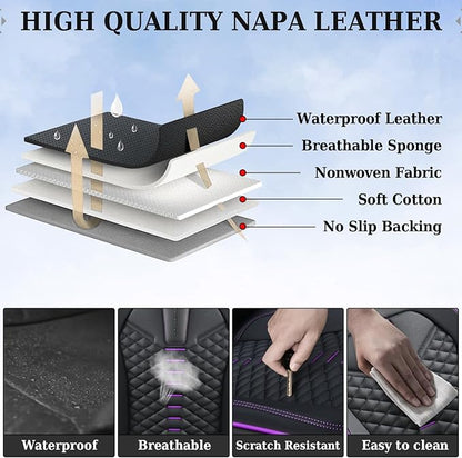 Coverado Car Seat Covers Front Seats, Nappa Leather Black&Purple Car Seat Cover, Automotive Seat Covers, Waterproof Driver Seat Protector, 2 Pack Front Seat Cover Car Seat Cushion Fit for Most Cars