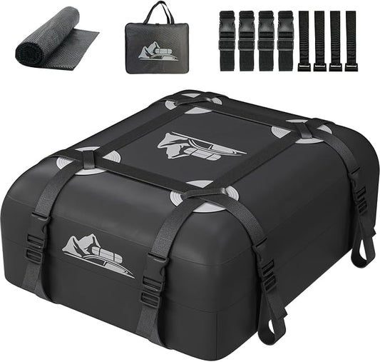 Car Rooftop Cargo Carrier Bag 15 Cubic Feet, 100% Waterproof Heavy Duty Car Roof Bag for All Vehicle with/Without Racks - Anti-Slip Mat, 4 Door Hooks, Storage Bags, 4PCS 3.8CM Straps(Gray)