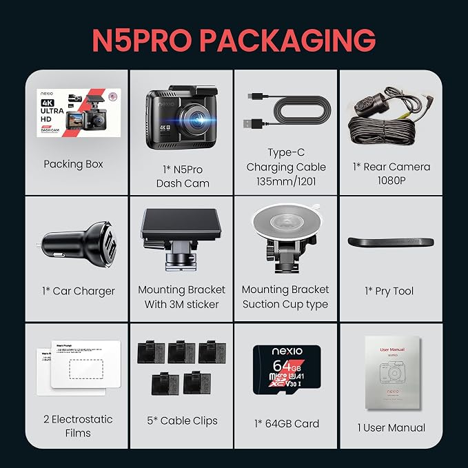 NEXIO N5Pro 4K Dual Dash Cam Front and Rear, WiFi 6 Fast Transfer, Free 64GB Card, GPS, ADAS Safety Alerts, Night Vision, 24H Parking Surveillance, Supercapacitor, App Control, Dash Camera for Cars