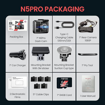 NEXIO N5Pro 4K Dual Dash Cam Front and Rear, WiFi 6 Fast Transfer, Free 64GB Card, GPS, ADAS Safety Alerts, Night Vision, 24H Parking Surveillance, Supercapacitor, App Control, Dash Camera for Cars
