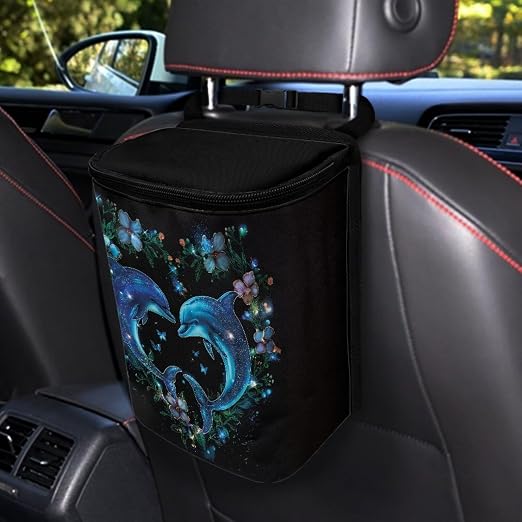 Talayituse Dolphin Flower Heart Print Car Trash Can with Lid, Leak Proof Auto Trash Bag Hanging Vehicle Garbage Can Multipurpose Storage Container for Back Seat Road Trip