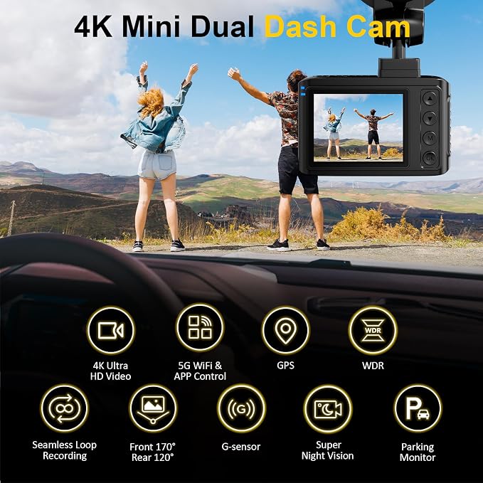 Dash Cam Front and Rear: 4K+2.5K Dual Channel Dash Cam-5GHz WiFi, GPS Dash Camera for Cars with 64GB Card, 2.0" IPS Screen, App Control,G-Sensor,Loop Recording,170°Wide Angle,Night Vision,Parking Mode
