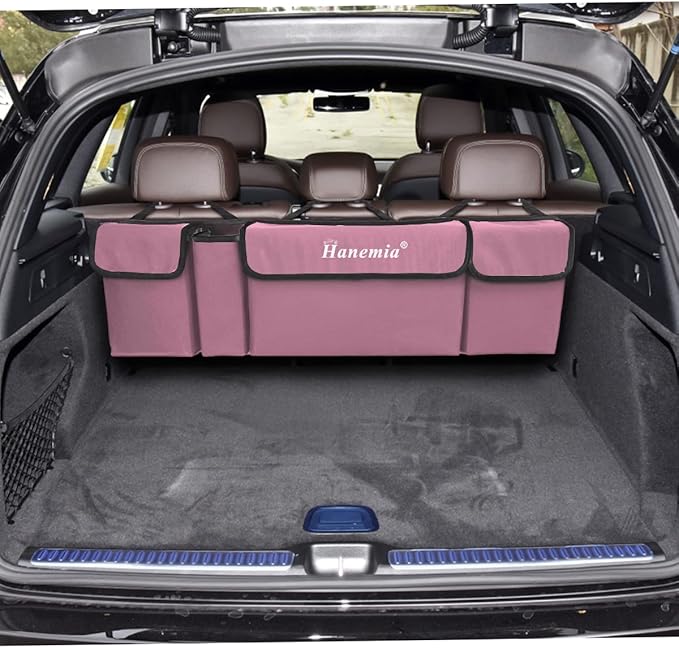 Car Trunk Organizer, Backseat Hanging Storage with 4 Large Pockets, Collapsible Cargo Bag with Adjustable Straps Frees Trunk Floor, Sturdy Space Saving Expert for SUV, Truck, Van (Pink)