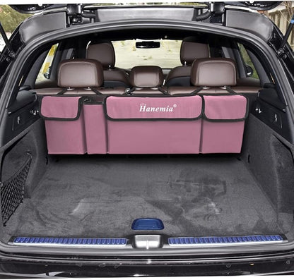 Car Trunk Organizer, Backseat Hanging Storage with 4 Large Pockets, Collapsible Cargo Bag with Adjustable Straps Frees Trunk Floor, Sturdy Space Saving Expert for SUV, Truck, Van (Pink)