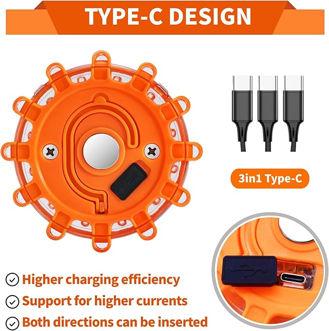 Led Road Flares 6 Pack LED Flares Emergency Kit, USB Recharge Amber LED Flares Warning Light with Magnetic, Roadside Safety Disc Flares Kit with Breaker,Whistle for Vehicle (6 Pack Parts)