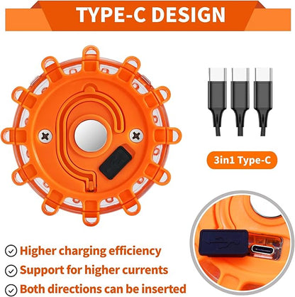 Led Road Flares 6 Pack LED Flares Emergency Kit, USB Recharge Amber LED Flares Warning Light with Magnetic, Roadside Safety Disc Flares Kit with Breaker,Whistle for Vehicle (6 Pack Parts)