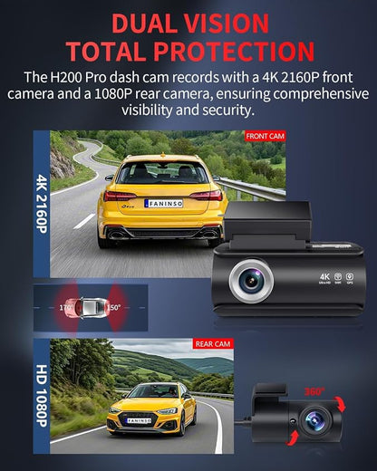 Dash Cam Front and Rear, 4K Full HD Dual Dash Camera for Cars, Built-in Memory Card Monitoring, 64GB Card, 5G WiFi GPS, Car Camera with 3" IPS Screen, 2160P Night Vision, 24H Parking Monitor