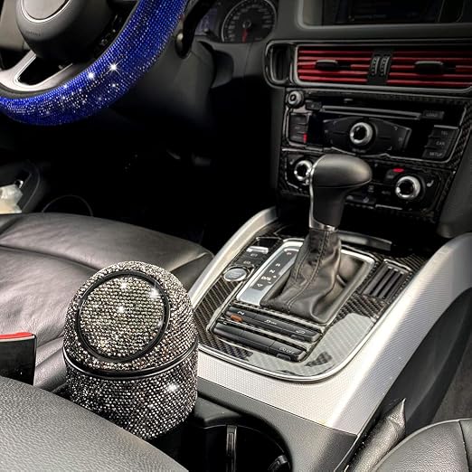 Bling Rhinestone Auto Garbage Can Car Trash Can with Lid Mini Garbage Bin for Automotive Car, Home, Office, Kitchen, Bedroom (B)