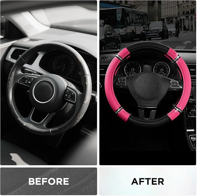 Road Comfort Leather Steering Wheel Cover – Premium Anti-Slip Car Steering Wheel Grip Cover – Universal Fit for 14.5”–15” Cars, Trucks & SUVs - Hotpink
