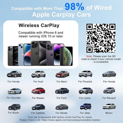 Wireless CarPlay Adapter for Apple Convert OEM Wired to Wireless CarPlay | CarPlay Wireless Adapter Compatible with iPhone 6 and Above, iOS 10+, From 2017 and Later Car, Auto Connect Plug and Play
