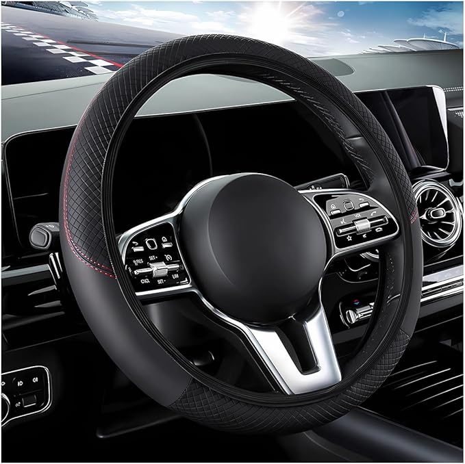 DXNQ Car Steering Wheel Cover, 15 Inch Carbon Fiber Leather Stitching Color Steering Wheel Protector, Anti-Slip Elastic Breathable Steering Wheel Cover Stylish Decor for Most Cars (Black, AD)