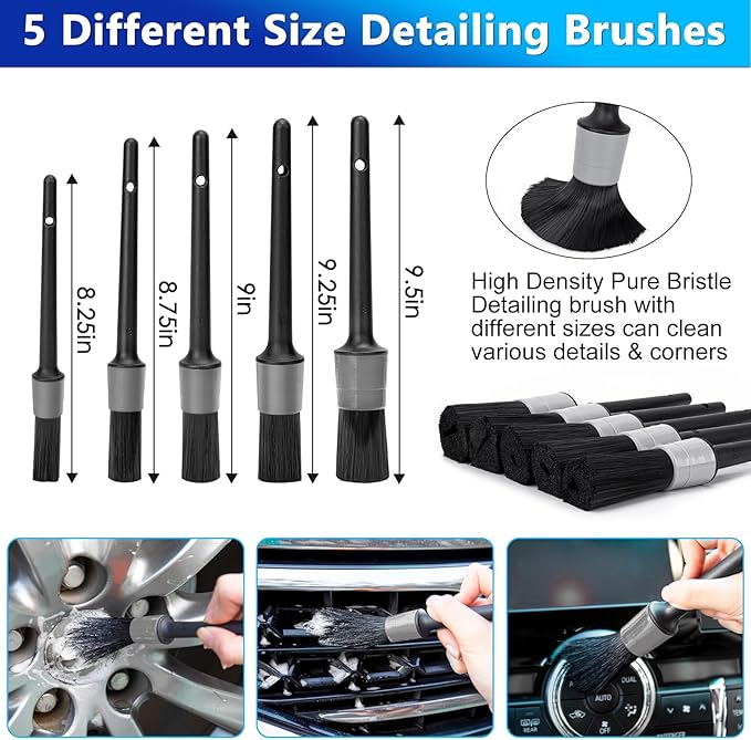 THINKWORK Car Wash Kit, 62'' Car Washing Brush with Long Handle, Extendable Car Wash Brush Mop with 2-in-1 Windshield Squeegee and 9Pcs Detailing Brushes, Gray Car Detailing Kit Gift for Men