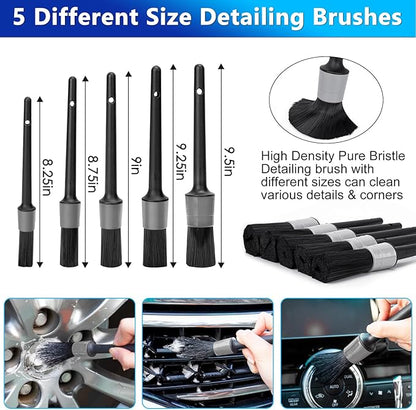 THINKWORK Car Wash Kit, 62'' Car Washing Brush with Long Handle, Extendable Car Wash Brush Mop with 2-in-1 Windshield Squeegee and 9Pcs Detailing Brushes, Gray Car Detailing Kit Gift for Men