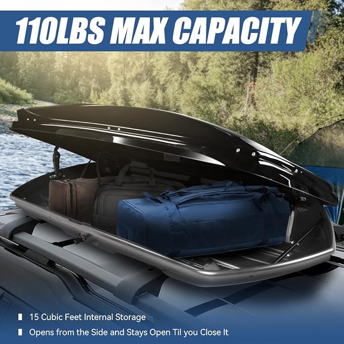 Auto Dynasty Hard Shell Roof Top Mount Car Storage Travel Luggage Box Cargo Carrier with Security Keys, 80 (L) x 30 (W) x 13 (H) Inches, Capacity 110 Pounds, 15 Cubic Feet (Tool-Free Install), Glossy