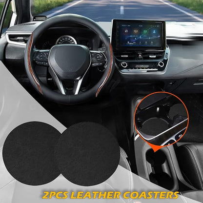 Steering Wheel Cover Black Wood Grain, Leather Car Steering Wheel Covers with Coasters Universal 14.5-15 inch Microfiber Breathable Anti-Slip Steering Wheel Accessories Set