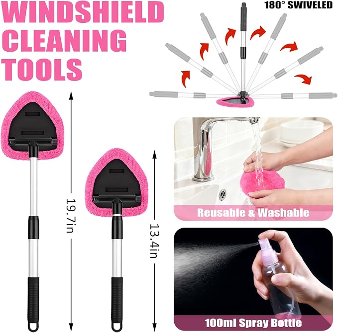 Windshield Cleaner Tool, 17Pcs Car Interior Detailing Kit, Detailing Brush, Towels, Duster, Car Cleaning Kit Interior for RVs, Truck, Trailer (Pink)