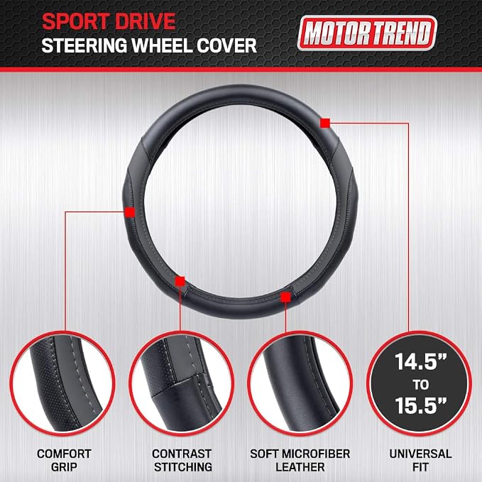 Motor Trend SportDrive Faux Leather Steering Wheel Cover, Standard 15 inch Size, Two-Tone Black & Dark Gray, Car Steering Wheel Cover for Truck Van SUV Auto