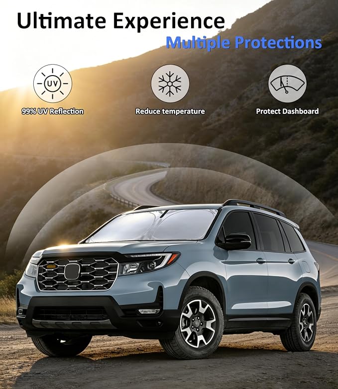 Windshield Sun Shade for 2019-2025 Honda Passport, Car Front Window Sunshade with 240T Sun Visor Protector Blocks UV Rays Heat Sun Shield Accessories