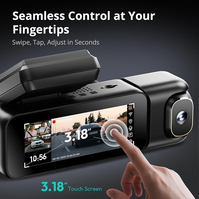 BOTSLAB 4K 3 Channel Dash Cam Front and Rear/Inside, 360°Dash Camera with 3.18" Touch Screen, Night Vision Dashcam, Voice Control, 24/7 Parking Mode Car Camera, Free 128GB Card 5.8GHz WiFi & GPS