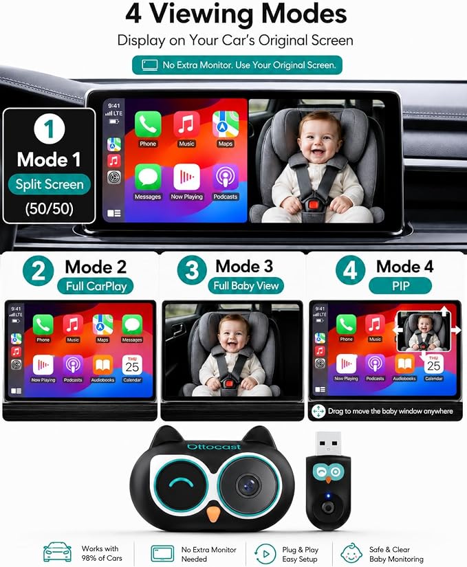 OTTOCAST Baby Car Camera 2026,Wireless CarPlay Adapter (No Android Support) | Display the Baby View on the Original Car Screen,Split Screen for Navigation & Baby Monitor,Wired CarPlay to Wireless