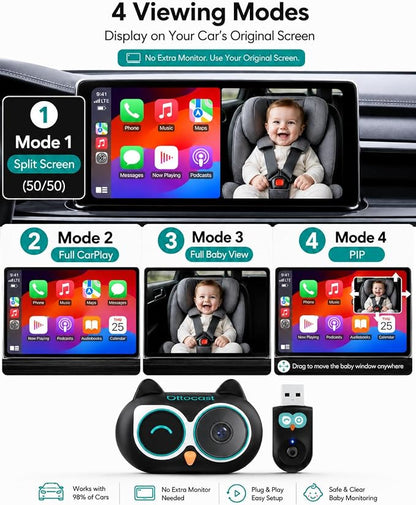 OTTOCAST Baby Car Camera 2026,Wireless CarPlay Adapter (No Android Support) | Display the Baby View on the Original Car Screen,Split Screen for Navigation & Baby Monitor,Wired CarPlay to Wireless