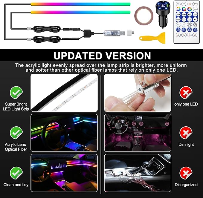 Dreamcolor Acrylic Interior Car LED Strip Light with USB/Type C/4-Port Cigarette Lighter, RGB 2 in 1 with 59.04 inches LEDs Ambient Lighting Kits, Sound Active Function Neon Led Strips for Car