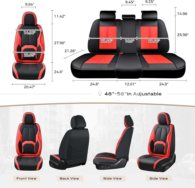 Coverado Leather Seat Covers Full Set, Black and Red Leather Car Seat Cover, Waterproof Car Seat Protector with Lumbar Support, Automotive Seat Covers Universal Fit for Most Cars SUV Truck