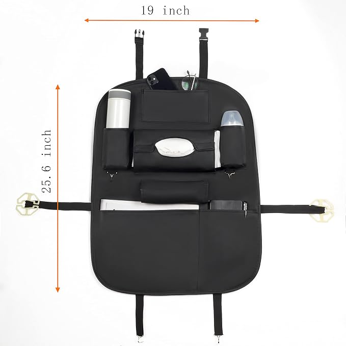 Premium PU Leather Backseat Seat Organizer with Foldable Table, Multi-Storage Pockets and Adjustable Buckle Strap for Automobiles