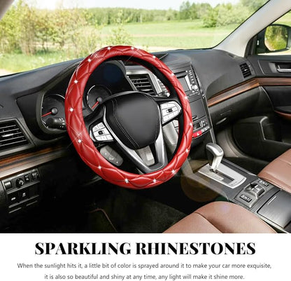 Bling Car Steering Wheel Cover, 15 Inch Diamond Leather Anti-Slip Auto Steering Wheel Protector, Cute Sparkly Rhinestones Wheels Cover Automotive Decoration for Women Girl (Red)