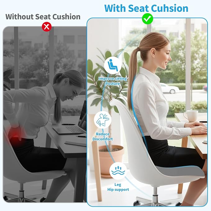 TranquilRelax XLarge Seat Cushion, Memory Foam Cushion for Long Sitting Hours on Office Chair, Home & Car, Non-Slip Chair Pad for Relieving Back & Sciatica & Hip & Coccyx Pain (Light Grey)