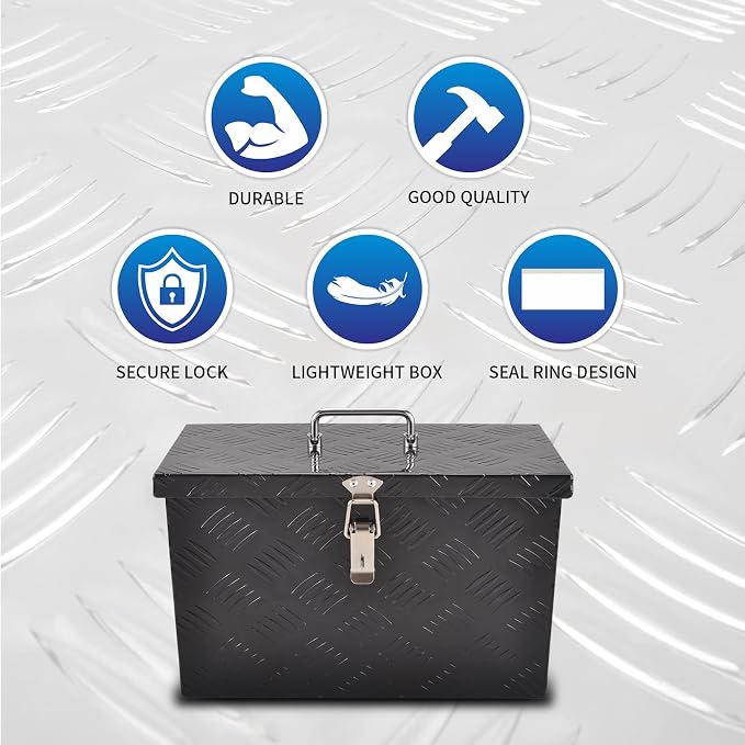 16" Aluminum Truck Bed Tool Box 5 Bar Tread Pick Up Truck Bed RV Storage Organizer with Top Handle Waterproof Lock and Keys - Black(16"x7.5"x10")