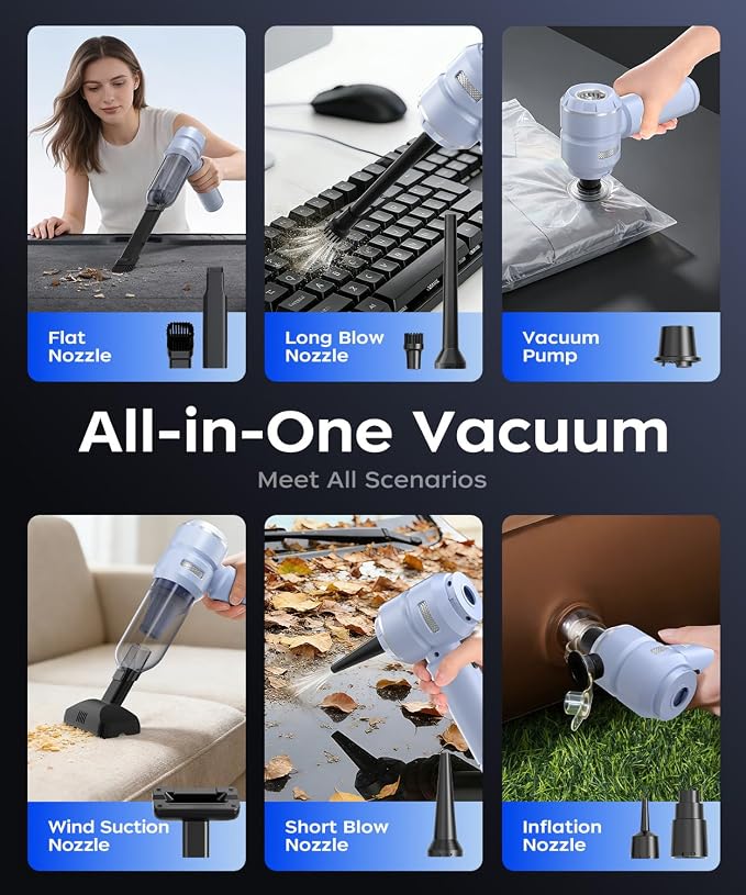 VNOST Car Vacuum,3 Suction Modes,Portable Mini Cordless Cleaner with 50000pa Suction Power,Type-C Charge,Handheld Vacuum for Home,Car,Birthday Gifts for Men Dad Husband (Blue)