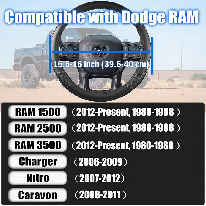 Steering Wheel Cover for Dodge RAM 1500, 2500, 3500 - Premium Microfiber Leather Auto Car Accessory with Non-Slip Grip, Rugged Durability & Interior Upgrade, 15.5-16 inch (Black-Large Size)