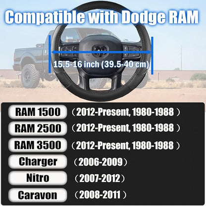 Steering Wheel Cover for Dodge RAM 1500, 2500, 3500 - Premium Microfiber Leather Auto Car Accessory with Non-Slip Grip, Rugged Durability & Interior Upgrade, 15.5-16 inch (Black-Large Size)