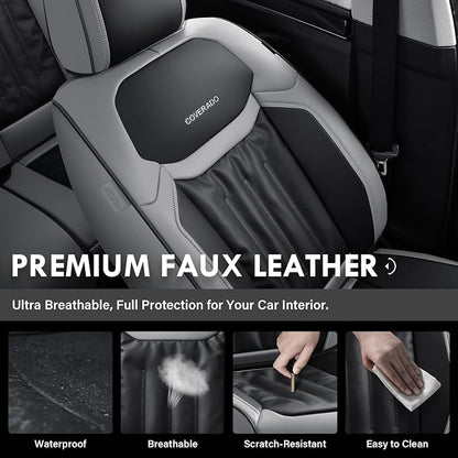 Coverado Front Seat Cover, 2 Pack Waterproof Seat Covers, Nappa Leather Car Seat Protector, Car Seat Cushion, Gray&Black Seat Covers Car seat Cover Universal Fit for Most Cars