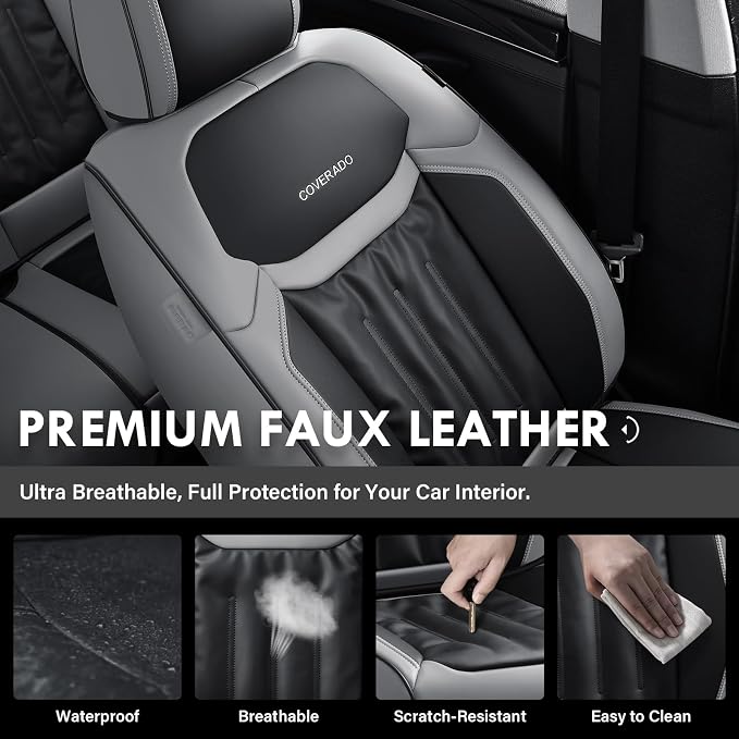 Coverado Seat Covers Full Set, Car Seat Covers 5 Seats, Front and Back Car Seat Protector, Automotive Seat Covers Fit for Most Sedans SUV Pick-ups Trucks, Gray&Black