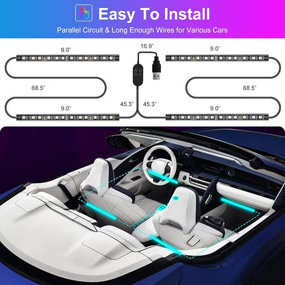 Hovano Car Interior LED Lights, APP Control with USB Port, RGB Color Change with Music Sync & DIY Mode, 48 LEDs Lights for Under Dash Running Board Truck