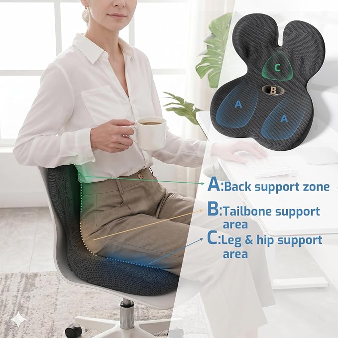 Ergonomic Office Chair Cushion,Memory Foam Seat Cushion with Lumbar Support,L-Shape Cushions with Strap,Sciatica,Hemorrhoids,and Tailbone Pain Relief for Office Workers (Black Oxford Cloth)